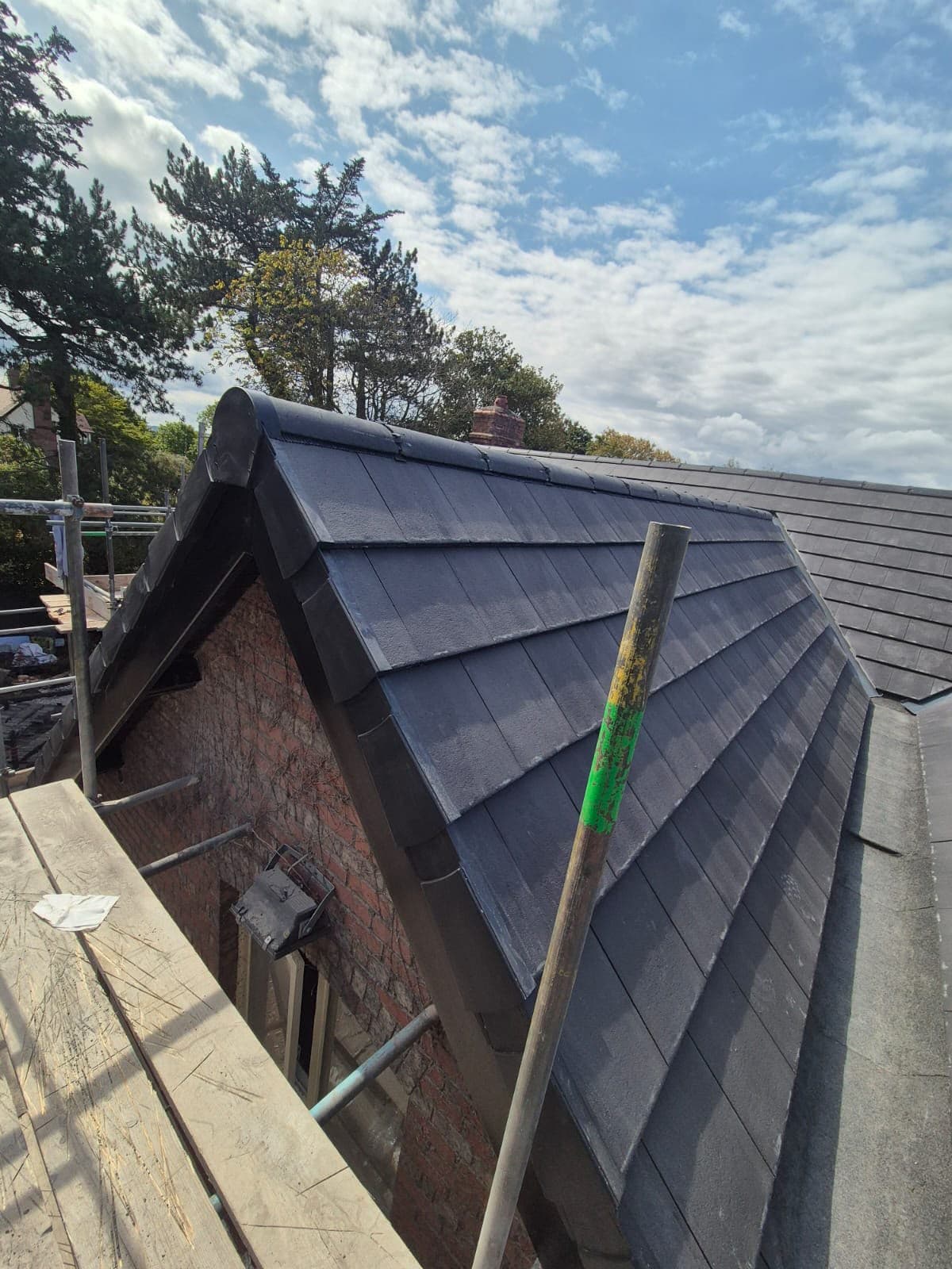 Gable dormer finished with new interlocking tiles, Lower Heswall re-roof